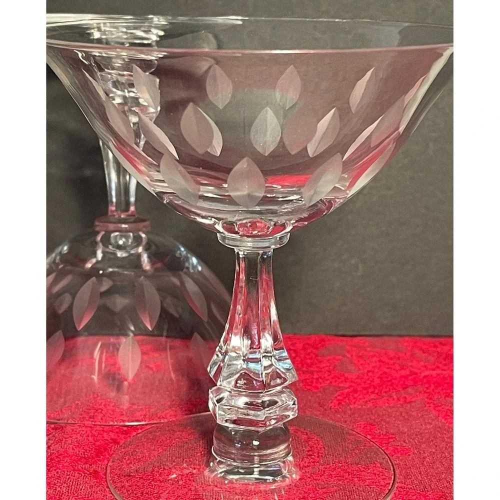 Vintage Tiffin-Franciscan Etched Crystal Coupe Glasses Set of 4 Faceted Stem MCM